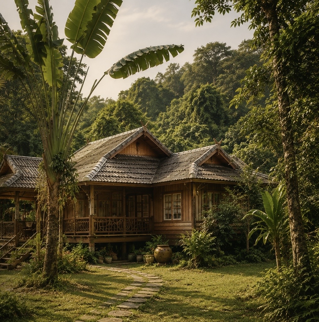 the wooden spa house in the jungle